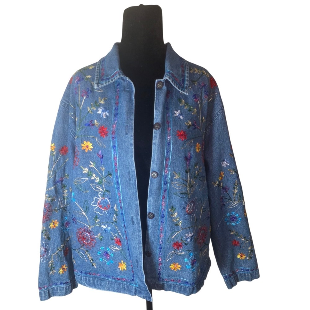 Vintage Tantrums Womens M Floral Embroidered Denim Jacket Boho Cottagecore